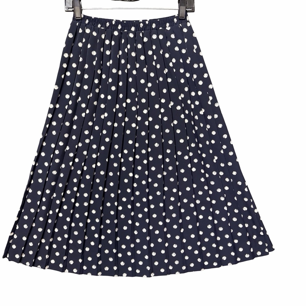 VTG Classic Skirt Navy‎ White Polka Dot Pleated Midi Size 8 Lightweight Flowy